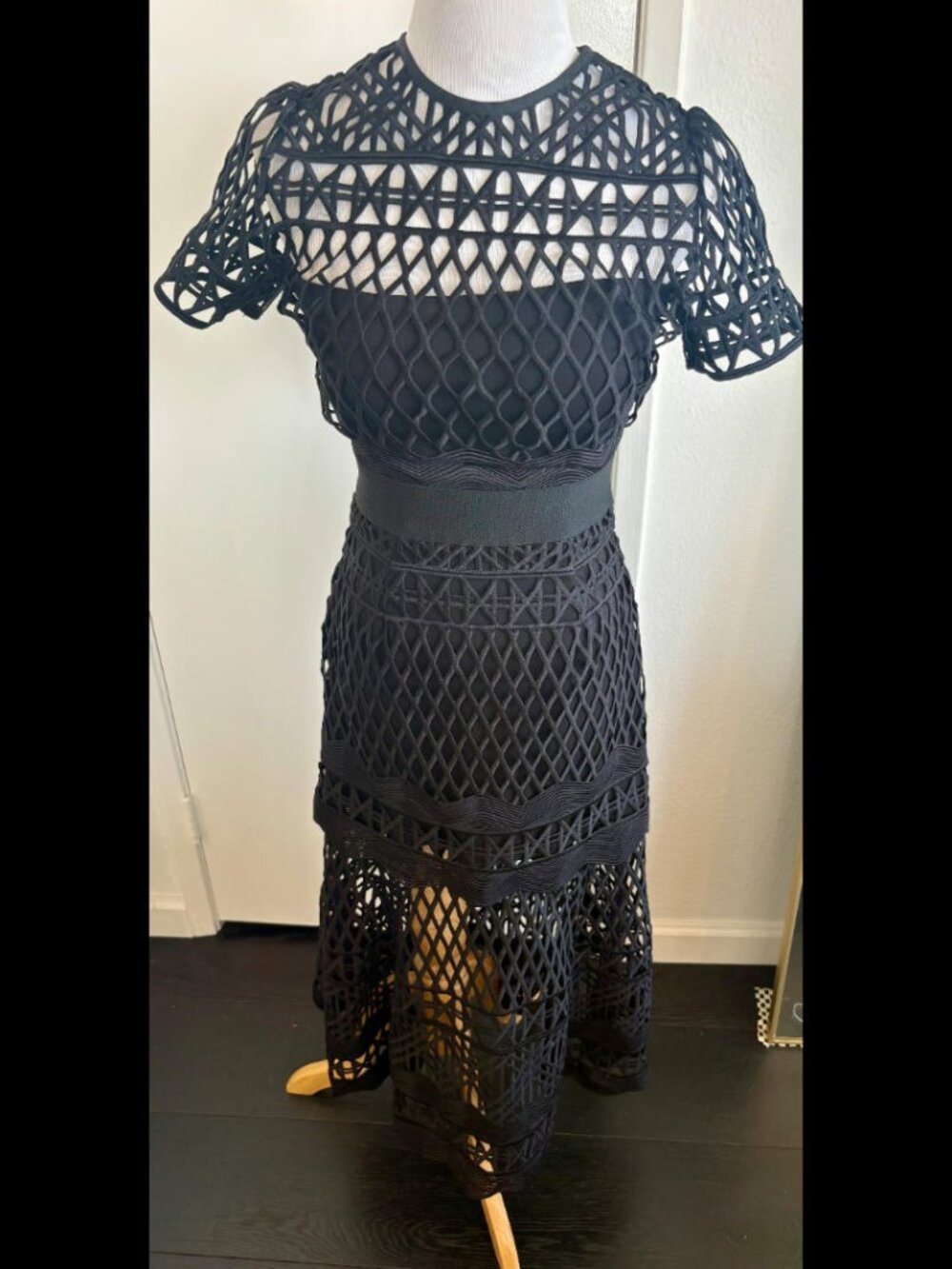 Self-Portrait Black Lattice Lace Cutout Midi Dress US 2 UK 6